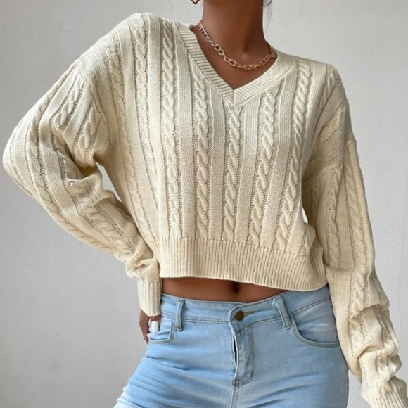 SHEIN | Sweaters | Shein Womens Vneck Cable Knit Cropped Sweater | Poshmark